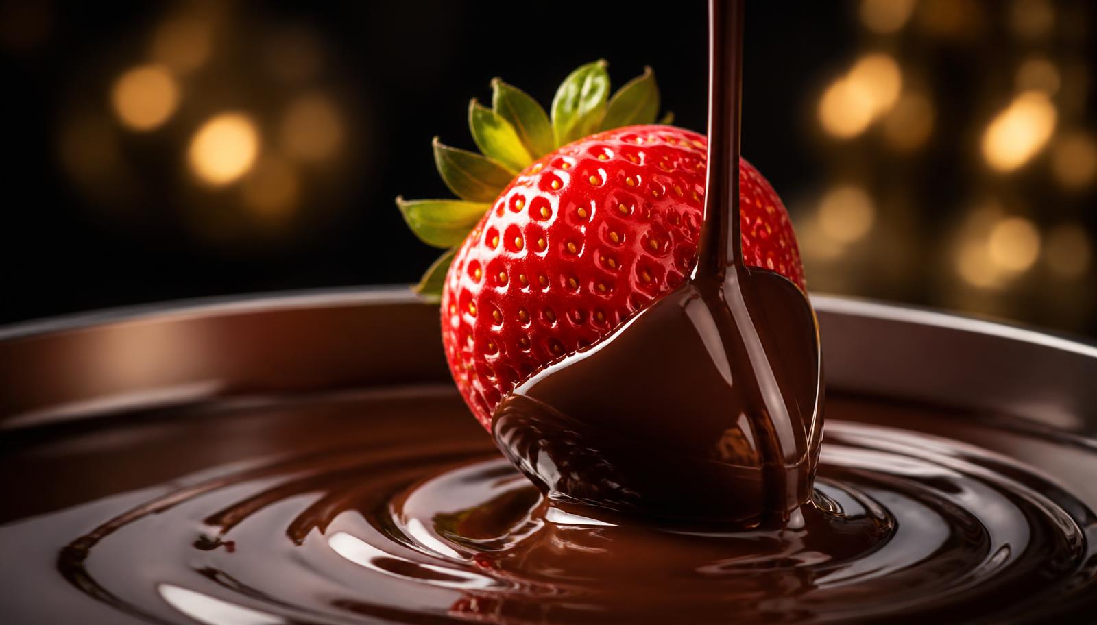 Fresh strawberry being dipped into melted Belgian chocolate