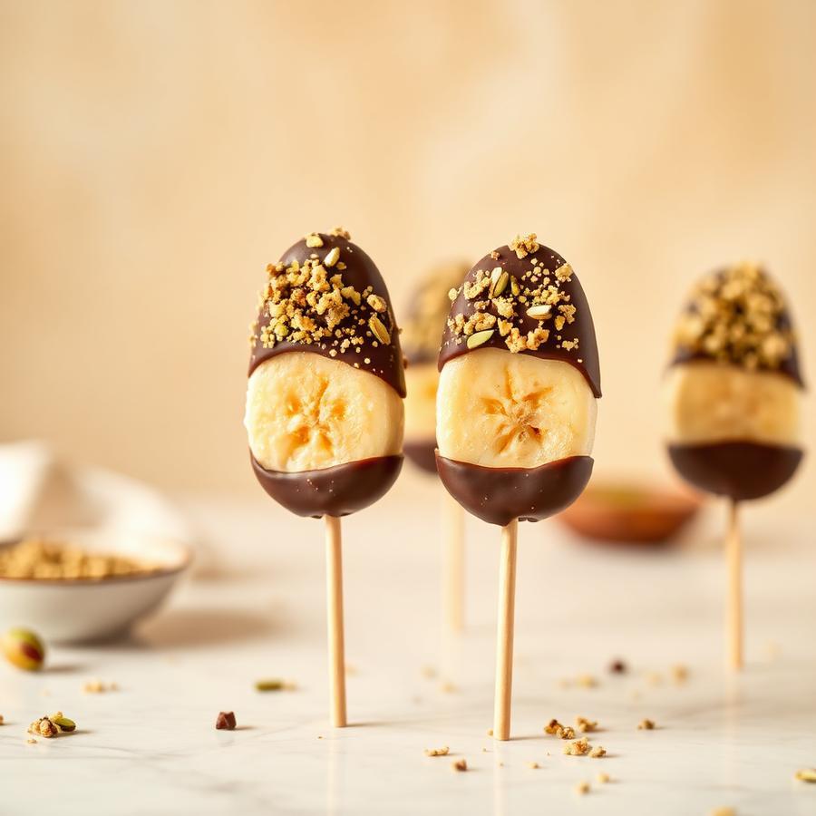 Chocolate dipped banana pops topped with pistachio crunch
