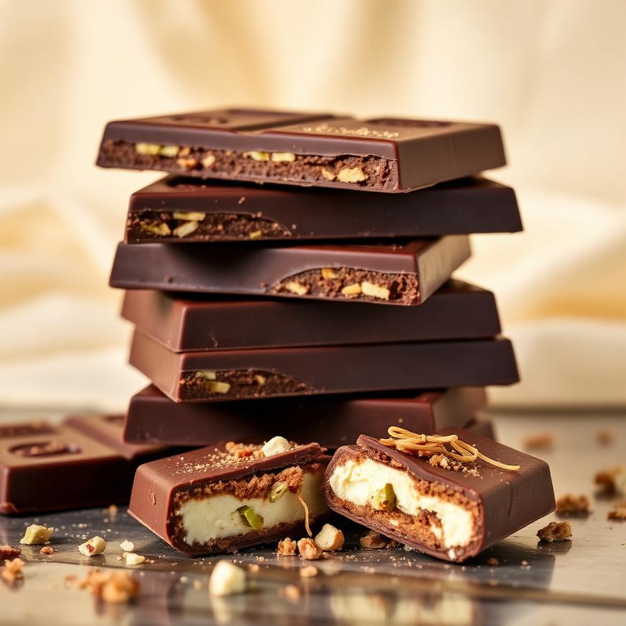 Stacked Dubai chocolate bars filled with pistachio cream and kataifi