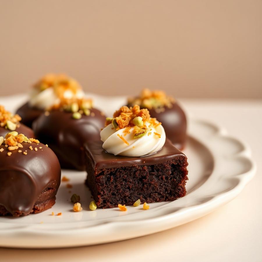Brownie bites covered in chocolate with pistachio and kataifi topping