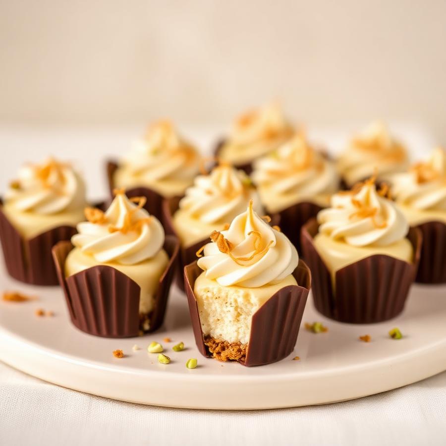 Cheesecake bites wrapped in chocolate cups topped with kataifi