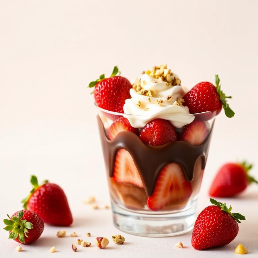 Dessert cup layered with strawberries, melted chocolate and pistachio cream