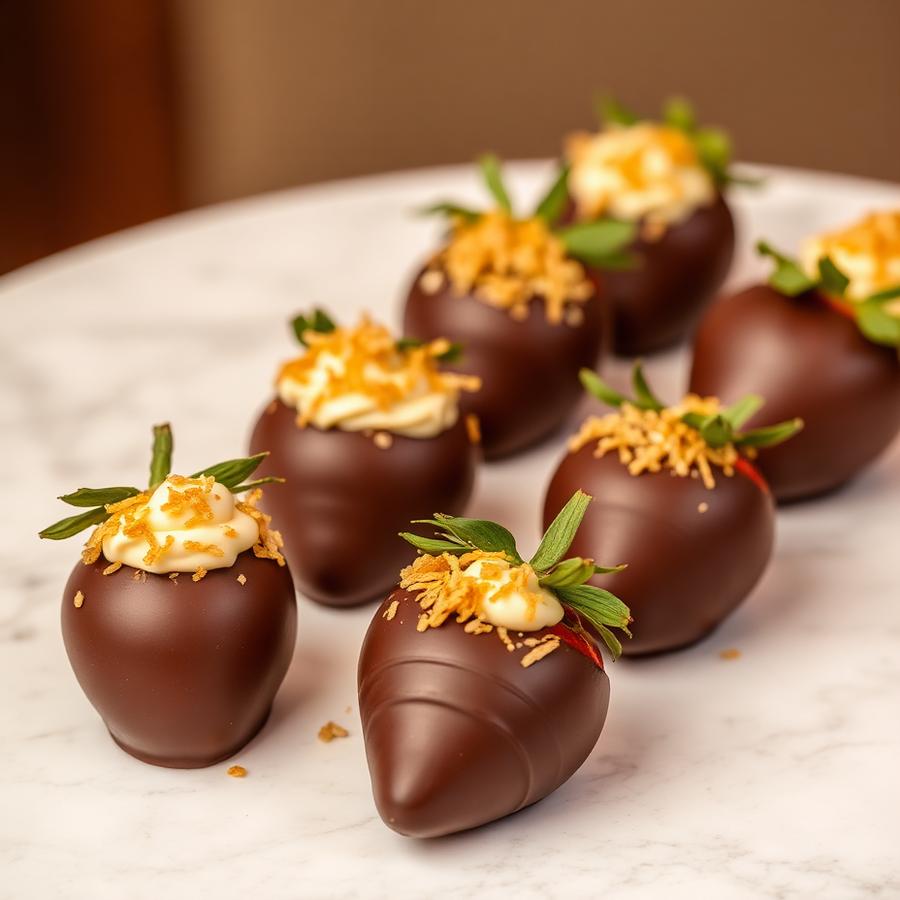 Chocolate covered strawberries topped with pistachio cream and crispy kataifi