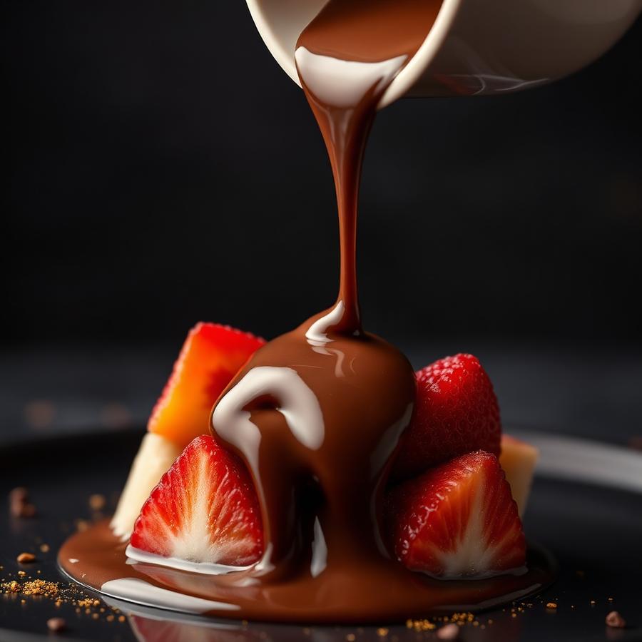 Melted Belgian chocolate pouring over fresh fruit